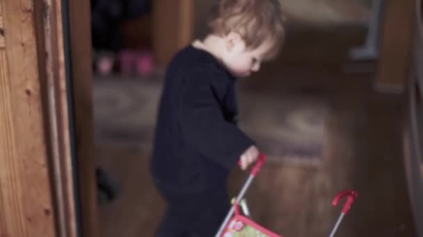 Baby jongen rolt een wandelwagen — Stockvideo
