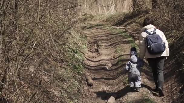 Mãe e filho caminham em uma estrada de terra — Vídeo de Stock