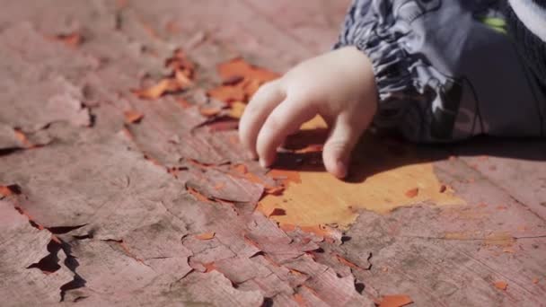 Le garçon épluche la vieille peinture — Video