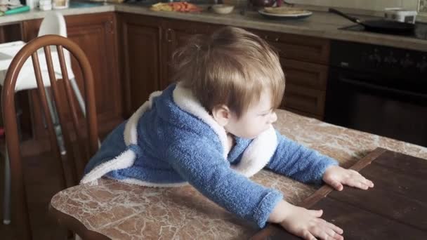 Niño en la mesa de la cocina — Vídeo de stock