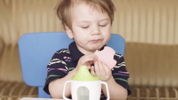 Junge Kind trinkt Wasser und isst — Stockvideo