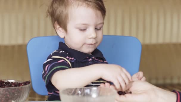 男孩在玩豆子 — 图库视频影像
