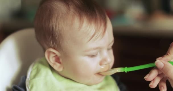 Bebé niño come puré de col — Vídeo de stock