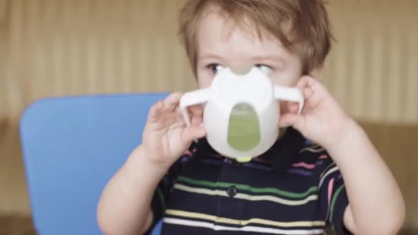 Boy child drinks water — Stock Video