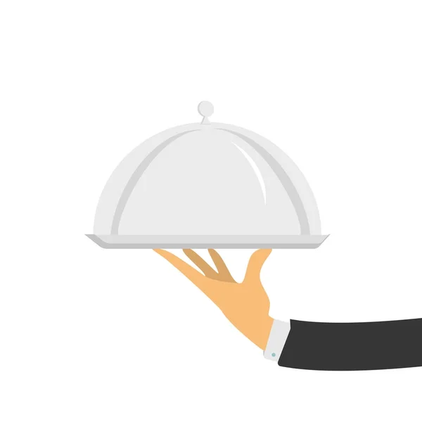 Silberne Cloche in der Hand. Restaurantteller in der Hand des Kellners. — Stockvektor