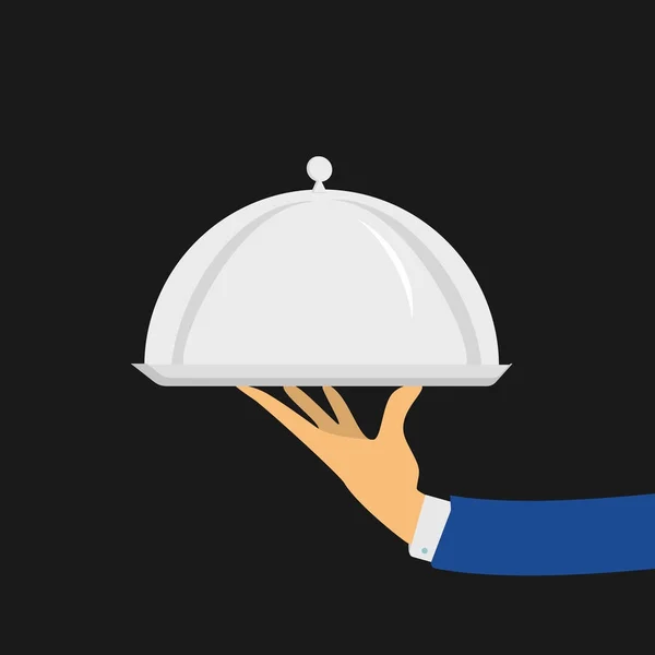 Silberne Cloche in der Hand. Restaurantteller in der Hand des Kellners. — Stockvektor