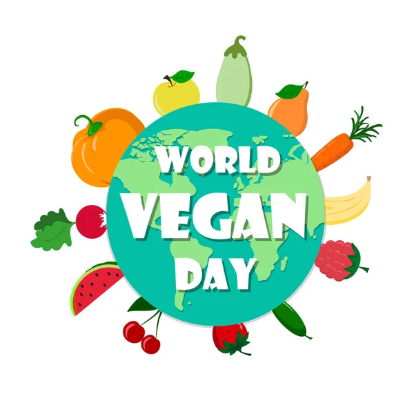 Illustration vectorielle Journée mondiale végétalienne. Légumes autour de la Terre — Image vectorielle