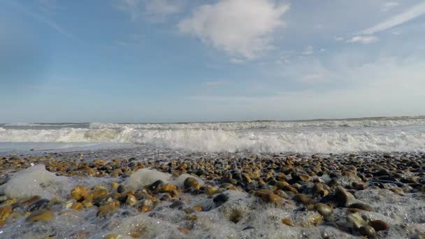 Наближаються хвилі на скелястому пляжі, затоплена вода — стокове відео
