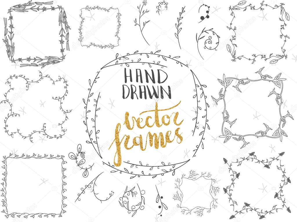 Vector set of hand drawn floral frames and decorative elements. 