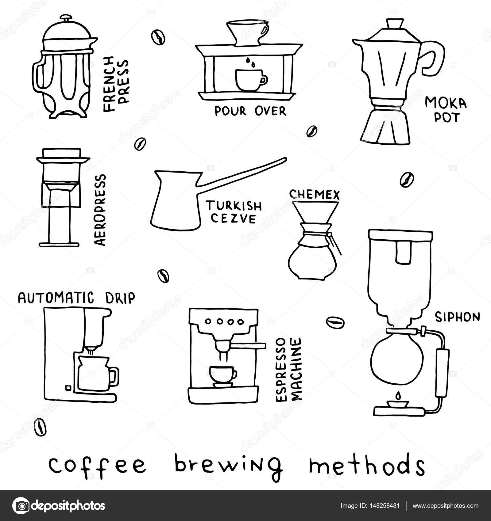 Hand drawn vector illustration of coffee brewing methods Stock