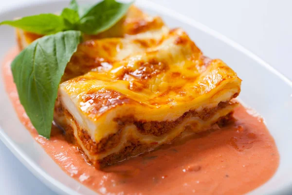 Lasagne su un piatto bianco con erbe — Foto Stock