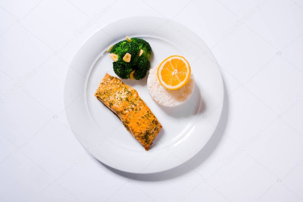 Salmon stake with boiled rise
