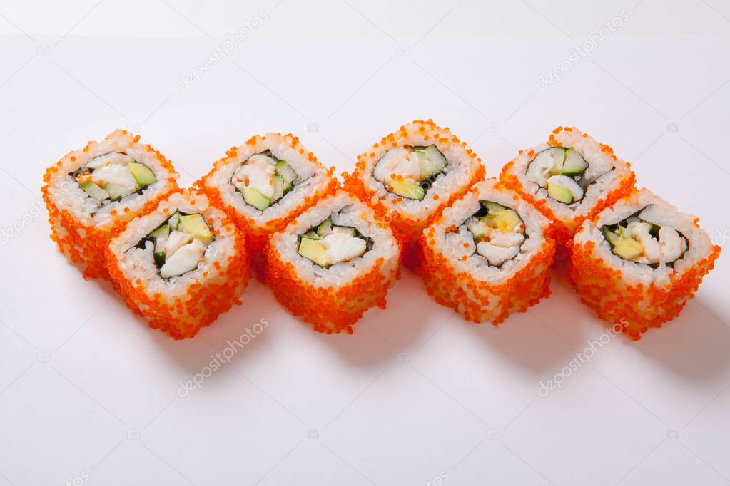 Japanese seafood sushi , roll a white background