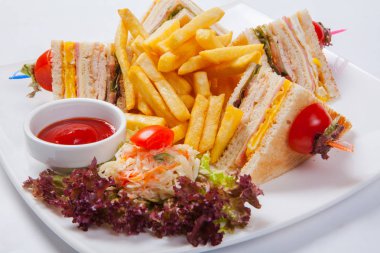 Beyaz bir tabak kızarmış patates ile sandviç farklı türleri