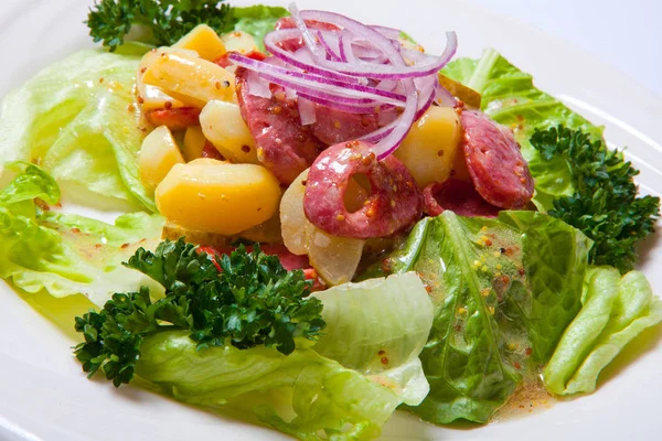 Теплый салат с жареным луком и картофелем, украшенный салатом — стоковое фото