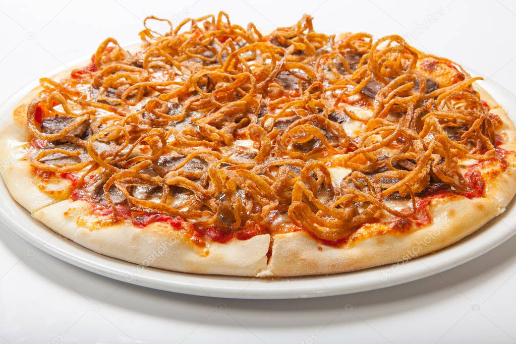pizza with beef and fried onion. White background