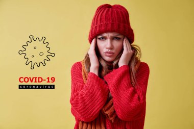 Coronavirus belirtileri. Ateş ya da baş ağrısı. Viral enfeksiyon. Sars Cov2. COVID-19 yazıtları, enfekte kadın, virüs işareti.