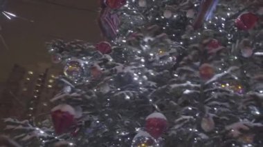 Güzel Noel ağacı parlayan parkın ortasında duruyor. Açık bir Noel ağacı ışıkları girdiği ile kesilmiş bir evin önünde. Noel dekorasyon arka plan ve Noel ağacı