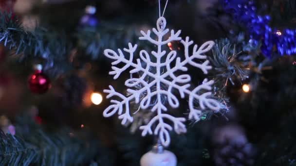 I giocattoli di anno nuovo sull'albero di Natale come fiocco di neve e palle rosse.Le palle di decorazione di anno nuovo su un ramo nevoso. Fiocco di neve bianco e palla di Natale blu. Focus selettivo — Video Stock