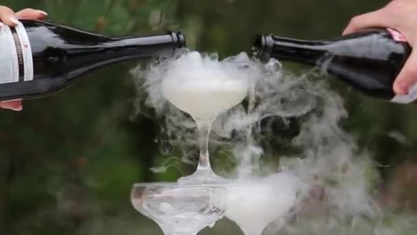 Glasses Of Champagne Smoking. Champagne glasses. Smoke Billowing Over A Champagne Flute. Catering service. Wedding slide champagne for bride and groom outdoors. Colorful glasses for alcohol. Business — Stock Video