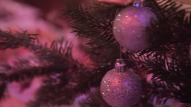 Tabel met eten en drinken. Tabel catering service zo instellen dat met zilverwerk en glas Roemer in restaurant voor feest. Tabel met de spread-out apparaten en levensmiddelen. Kerstboom — Stockvideo