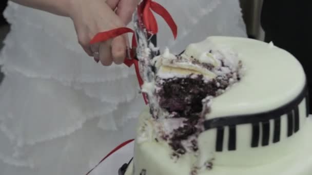 Руки жениха и невесты вырезаны из куска свадебного торта. Разрежь свадебный торт. Люди режут и кладут торт на тарелку. Белый и шоколадный торт. Нож. Свадьба. Праздник — стоковое видео