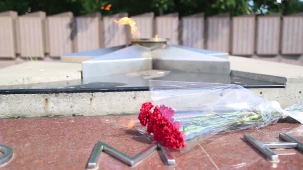 Eternal Flame - symbol of victory in World War II. Burning eternal flame and star at mass tomb of soldiers. "Eternal Flame" at the memorial to fallen defenders the motherland. Eternal fire burns — Stock Video