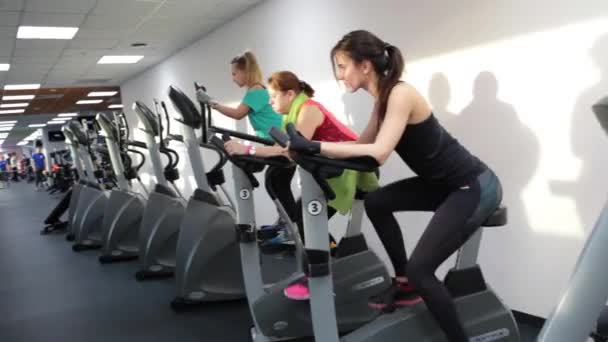 Grupo de quatro pessoas no ginásio, exercitando as pernas fazendo treinamento cardio. As fêmeas positivas de treinamento de idade diferente em bicicletas de exercício em conjunto no clube de fitness moderno. Weman em bicicletas de exercício — Vídeo de Stock