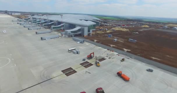 Aerial view of the modern international airport terminal. Traveling around the world. Empty airport aerial. View of runway at the airport. Airfield marking on taxiway is heading to runway — Stock Video