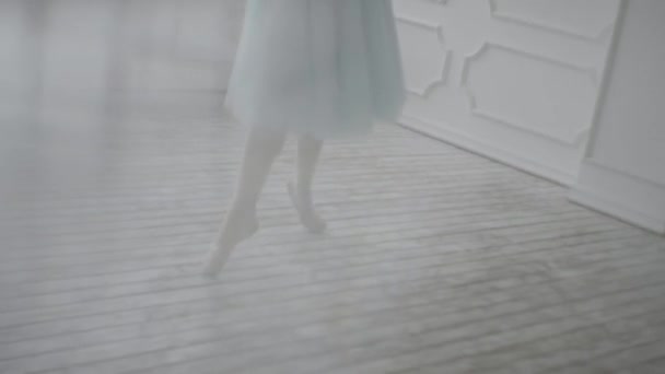 Piękna dziewczyna tancerz wykonuje elementy baletu klasycznego w Loft Design. Kobiece tancerz taniec. Zamknij się z A balet tancerze stóp jako ona praktyk punkt ćwiczenia, zwolnionym tempie — Wideo stockowe