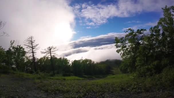 在山景观的雄伟日落。.日出时的山谷。自然的夏日风景。戏剧性的天空。美丽的世界。美丽的日出过山 — 图库视频影像