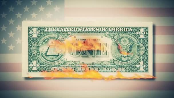 Brûler une animation de billets d'un dollar. dollar du feu. Un billet de cent dollars brûlant. Sur un billet d'un dollar. gros plan — Video