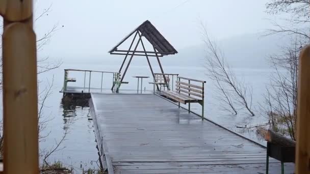 Pier at the lake, forest lake shore rain and snow. The mirror surface of the lake, the forest is covered with the first snow. reflection in the water, a beautiful mountain landscape. tree fallen in — Stock Video