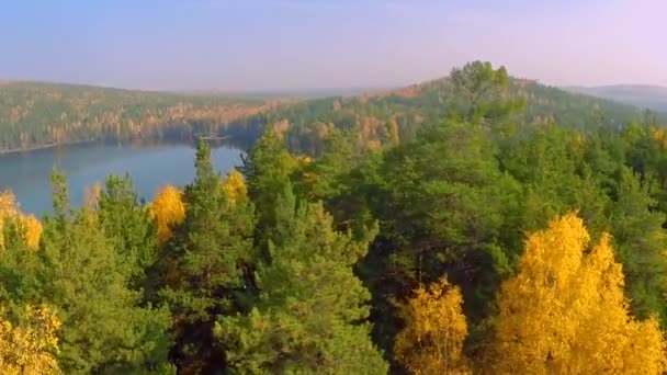 Forêt dans le lac d'automne en vue d'automne du ciel. "Lake reflections of fall foliage". Feuillage d'automne coloré aérien jette son reflet sur les eaux calmes. Feuillage d'automne et lac de brouillard le matin 