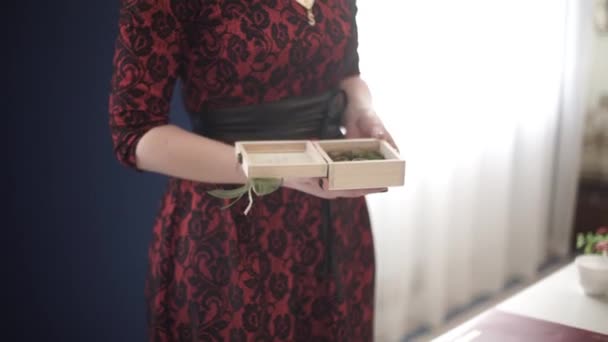 Mulher de vestido vermelho segurando uma caixa de madeira. Mulher atraente vestida de vermelho oferecendo um presente especial. Caixa de madeira. Mãos femininas segurando caixa de madeira — Vídeo de Stock