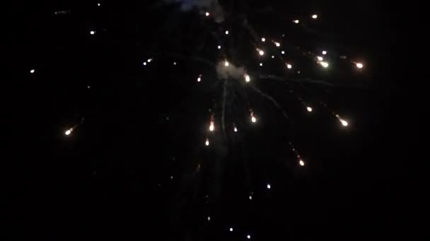 Fogos de artifício. Fogos de artifício brilhantes comemorativos em um céu noturno. Fogos de artifício no céu noturno de Moscou colorido . — Vídeo de Stock