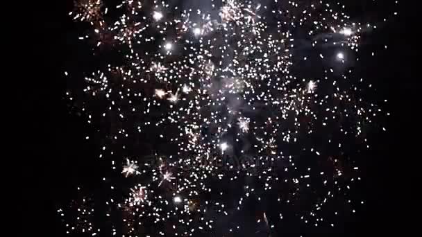 Vuurwerk. Feestelijke heldere vuurwerk in een nachtelijke hemel. Vuurwerk in de nachtelijke hemel van Moskou kleurrijke. — Stockvideo