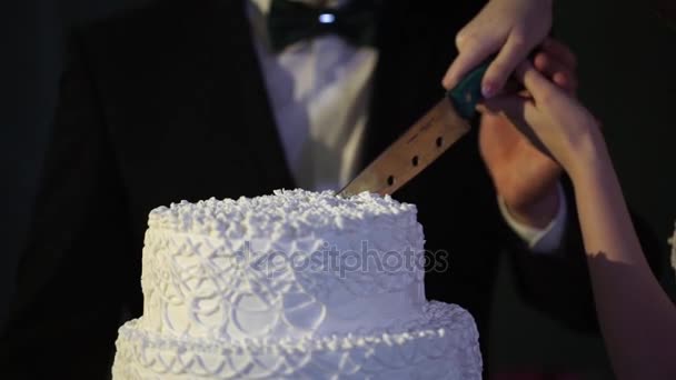 Mãos de noiva e redução de noivo de uma parte de um bolo de casamento. Noiva e noivo na recepção do casamento cortando o bolo de casamento. A noiva e o noivo cortaram o bolo de casamento — Vídeo de Stock