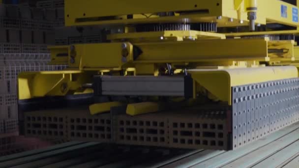 Fabriek voor de productie van bakstenen. Fabriek voor de productie van bouwmateriaal met klaar baksteen, industriële bouw. Productie van bakstenen op plant. Werkstroom, close-up. Veel stenen — Stockvideo