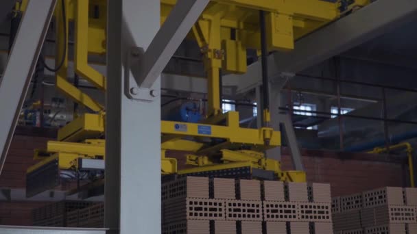 Fabriek voor de productie van bakstenen. Fabriek voor de productie van bouwmateriaal met klaar baksteen, industriële bouw. Productie van bakstenen op plant. Werkstroom, close-up. Veel stenen — Stockvideo