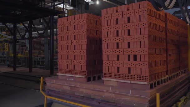 Plant for the production of bricks. Plant for production building material with ready brick, construction industrial. Production of bricks on plant. Workflow, close-up. Brick stacks. Many bricks — Stock Video