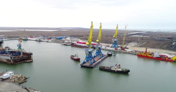 Grúas de remolque para contenedores. Gran buque portacontenedores tirado por remolcadores. Vista aérea de arriba hacia abajo. Buque de carga de contenedores con puente de grúa de trabajo en el astillero al atardecer para la exportación de importación logística — Vídeo de stock