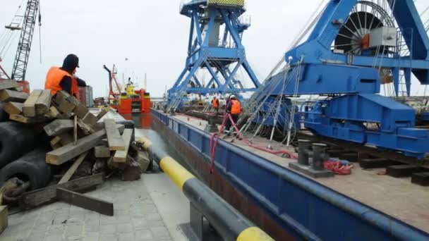 Carga aérea de los contenedores por grúa, puerto comercial, envío. Grúas para carga, descarga y clasificación de contenedores. Contenedor Buque de carga de carga con puente grúa de trabajo en el astillero al atardecer para — Vídeo de stock