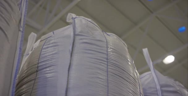 Almacén para almacenamiento de fertilizantes en bolsas. la pila de la bolsa grande contienen el arroz en el almacén. Bolsas grandes — Vídeos de Stock