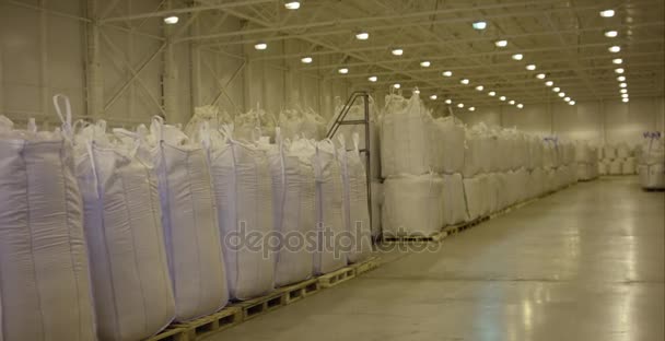 Almacén para almacenamiento de fertilizantes en bolsas. la pila de la bolsa grande contienen el arroz en el almacén. Bolsas grandes — Vídeo de stock