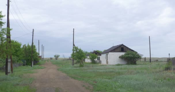 木の背景に、村の古い放棄された家。ドネツクの近くの廃屋。破壊された家や遺跡、メカニズム ウクライナ — ストック動画
