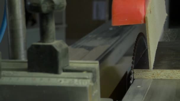 Zimmermannswerkzeug auf Holztisch mit Sägemehl. Tischler-Arbeitsplatz von oben. Arbeit Kreissägeblatt, Zeitlupe — Stockvideo