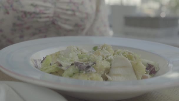 Woman At Home Adding Salt To Meal . Salt Shaker, Salt, Food. The plate of food, closeup — Stock Video