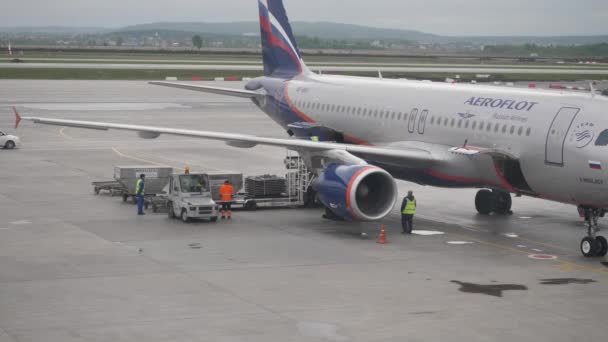 Moscú, Rusia 5 de junio de 2017: Plataforma de carga aérea a la aeronave. Plataforma de carga aérea. Carga de avión de carga — Vídeos de Stock