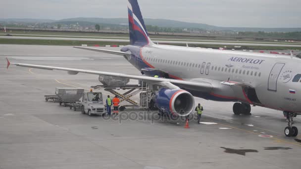 Moscú, Rusia 5 de junio de 2017: Plataforma de carga aérea a la aeronave. Plataforma de carga aérea. Carga de avión de carga — Vídeo de stock